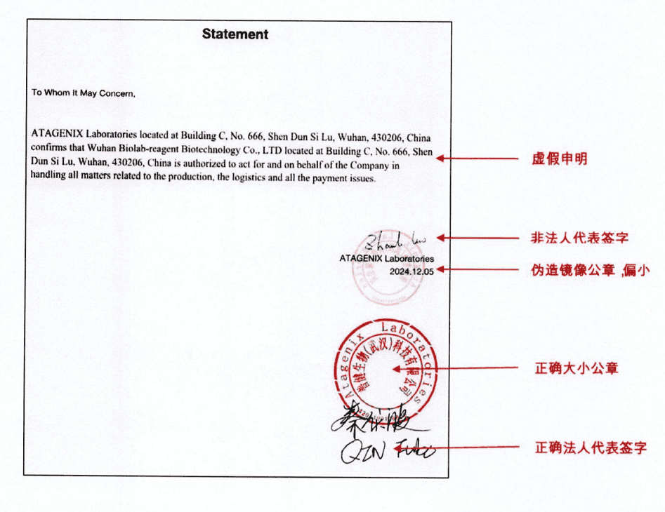 佰樂博偽造的《Statement》文件對(duì)比說明